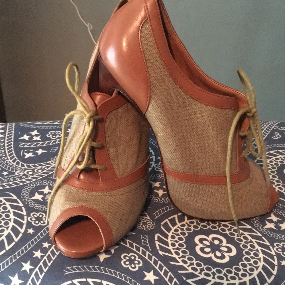 Lily Lace up canvas peep booties